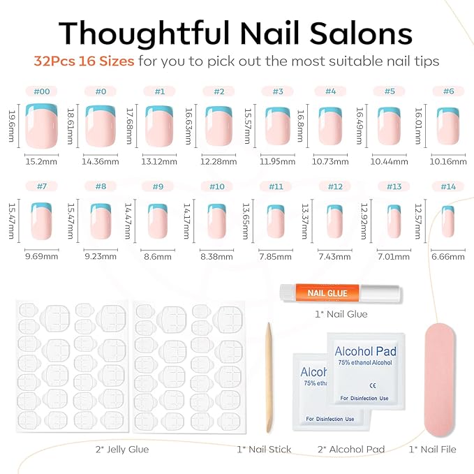 Modelones French Tip Press on Nails Short, Square Fake Nails, Reusable Nail Kit with Nail Glue Adhesive Tabs Mini Nail File, Nails Press Ons 32Pcs 16Sizes, Women Girl Gift, Blue