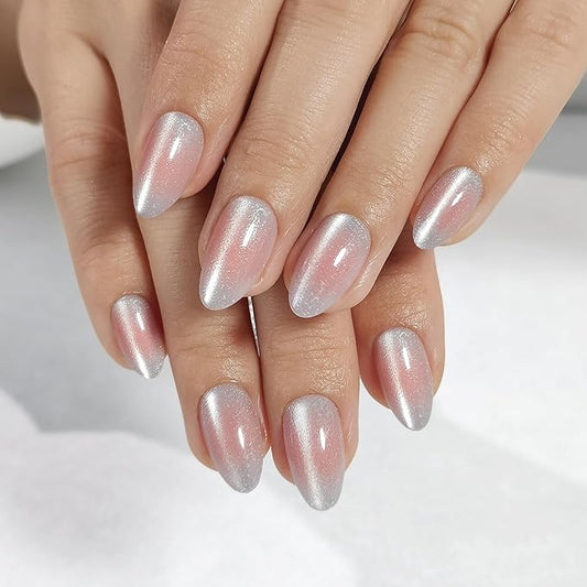 RPNZL Press On Nails - Halo | White and Pink Cat Eye, UV Finish Medium Almond Nails, Salon Quality | 32 Nails, 16 Sizes Kit with Glue and Adhesive Tabs I Female Founded
