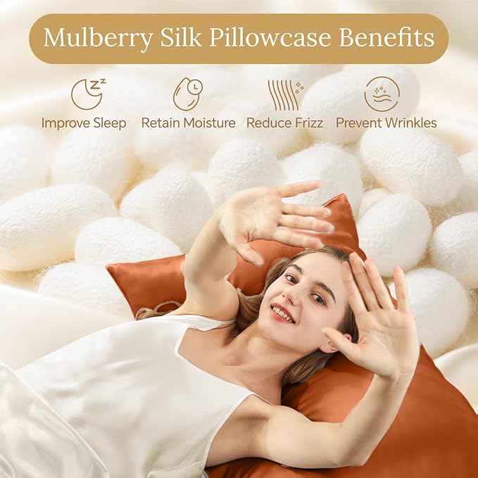 INFIIXSO Mulberry Silk Pillowcase for Hair and Skin, Silk Pillow Cases Queen Size with Hidden Zipper 20x30 Inches, Super Smooth and Soft Cooling Pillow Cases for Hot Sleepers(Orange, 1 Pack)