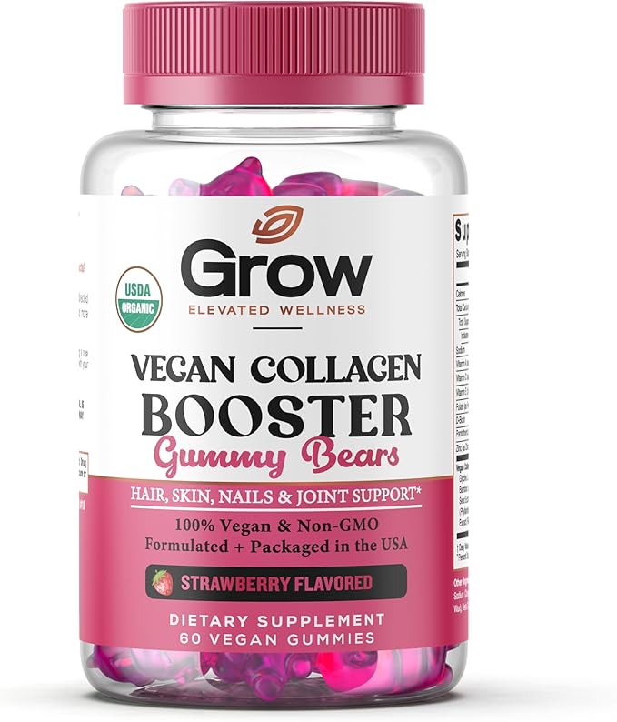 grow vitamin Collagen Booster Gummy Bears – Hair, Skin, Nails & Joint Support – USDA Organic, 100% Vegan & Non-GMO – Strawberry Flavored, 60 Vegan Gummies