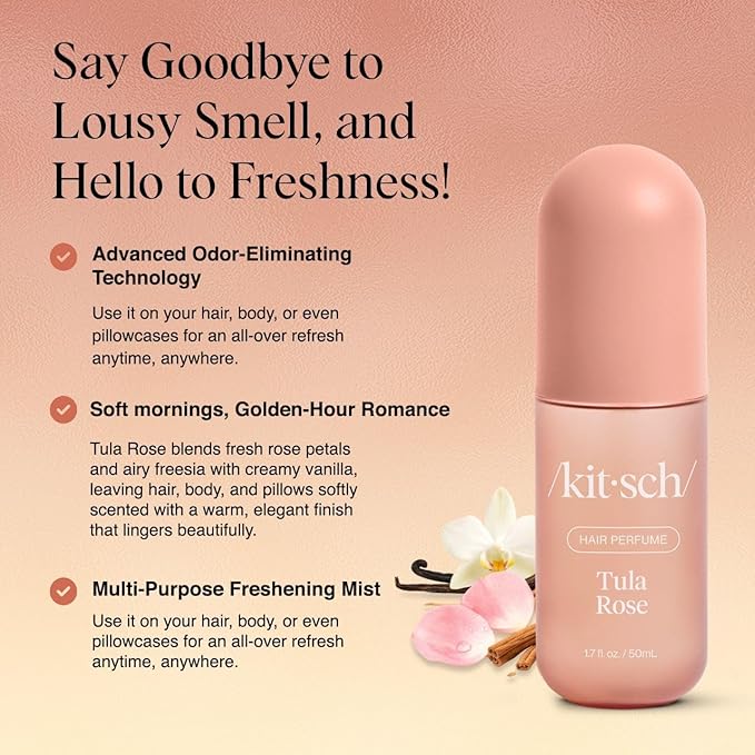 Kitsch Hair Perfume for Women - Tula Rose | Clean, Deodorizing & Patented Odor-Eliminating Technology Hair Spray & Body Mist - Freshen Hair, Body & Pillows - Floral Vanilla Scent – 50mL