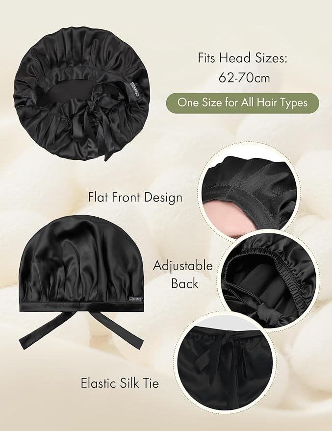 LILYSILK 100% Mulberry Silk Bonnet, 19 Momme Silk Night Sleep Cap Adjustable Hair Wrap for Sleeping, Black