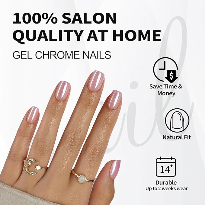 SHANGMENG Pink Chrome Press on Nails Square - Soft Gel Valentines Press on Nails Short for Women Gift, Glossy Stick on Nails with Glue in 16 Sizes - 32 Reusable Fake Nails, Aurora Light Pink