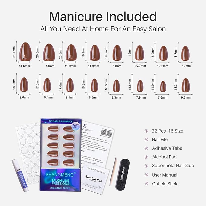 SHANGMENG Brown Press on Nails Short - Soft Gel Almond Chrome Press on Nails for Women, Glossy Glue on Nails with Glue, 16 Sizes - 32 Reusable Fake Nails Kit, Molten Mocha