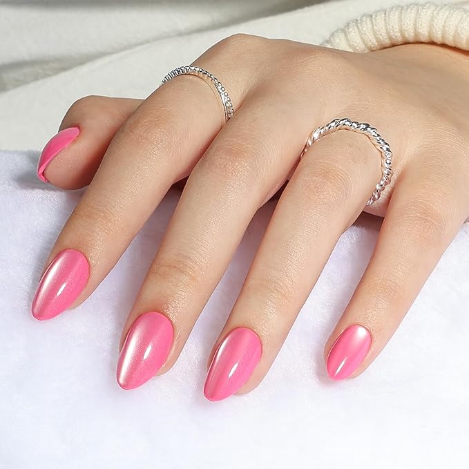 Leefrei Cat Eye Press On Nails - Glazed Candy Pink Press On Nails Short Almond Nails Press Ons for Women Fake Nails with Glue, Glossy Reusable Glue on Nail in 16 Sizes - 32pcs, Pink Stardust
