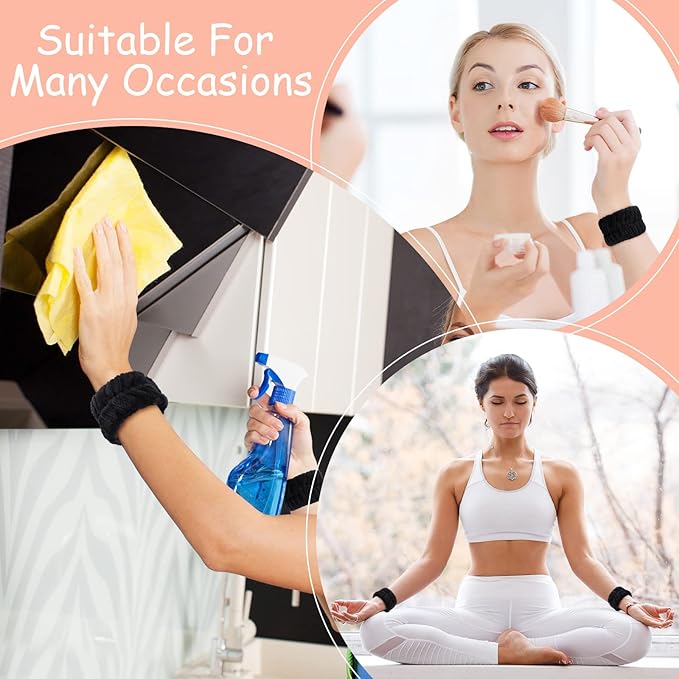 Chuangdi 4 Pairs Wrist Bands for Washing Face Wrist Spa Microfiber Wash Towel Band Scrunchies Absorbent Wristbands Sweatband for Women Prevent Liquid from Spilling(Black)