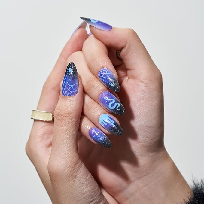 GLAMERMAID Press on Nails Medium Almond, Winter Gothic Black Blue Ombre Snake Gel Glue on Nail, Glossy Short Stiletto Reusable UV Finish Emo Fake Nails, Acrylic False Nails Manicure Kits for Women