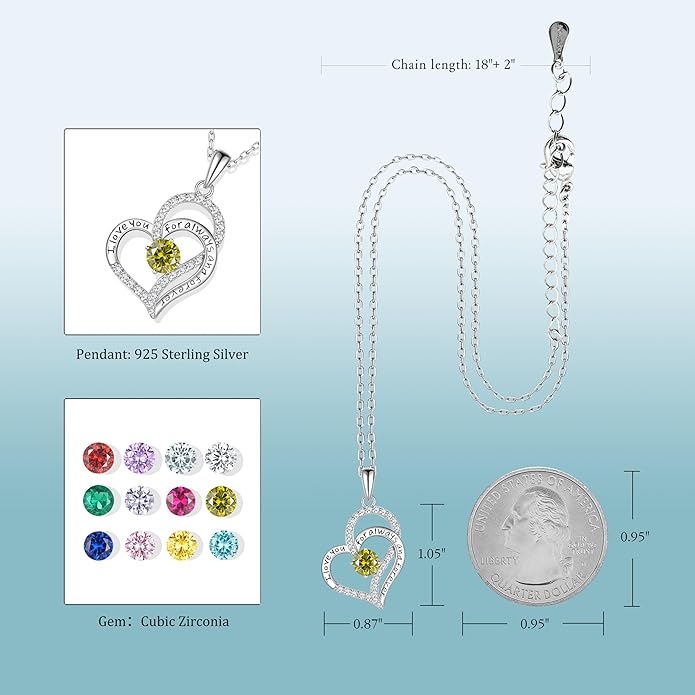 LynChoe Birthday Gifts Double Heart Birthstone Necklace for Women, S925 Sterling Silver Pendant Necklace Jewelry for Her Mother Mom Wife Girlfriend