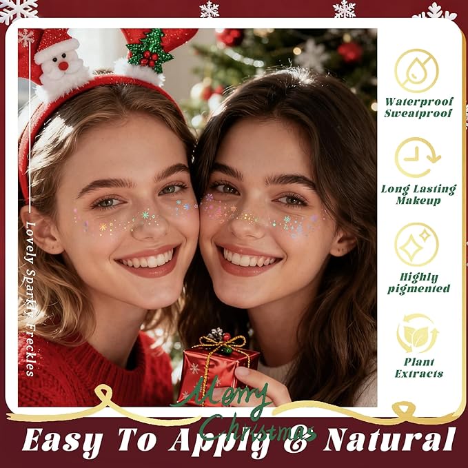 HOSAILY 10pcs Christmas Face Glitter Freckles Tattoo, Holographic Body Glitter Faux Freckle Stickers for Women Girls, Sparkle Star Speckles Makeup Patches for Concert Festival Rave Cosplay Accessories