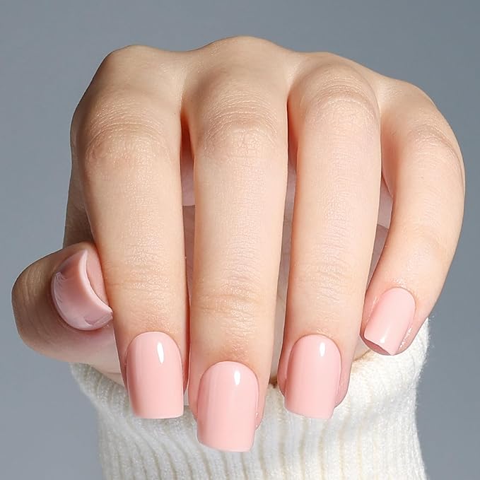 Leefrei Press on Nails Short - Square Nails Press ons for Women, Reusable Glossy Nude Pink Glue On Nails 30 Pcs 15 Sizes Fake Nails Kit with Glue, Soft Blush