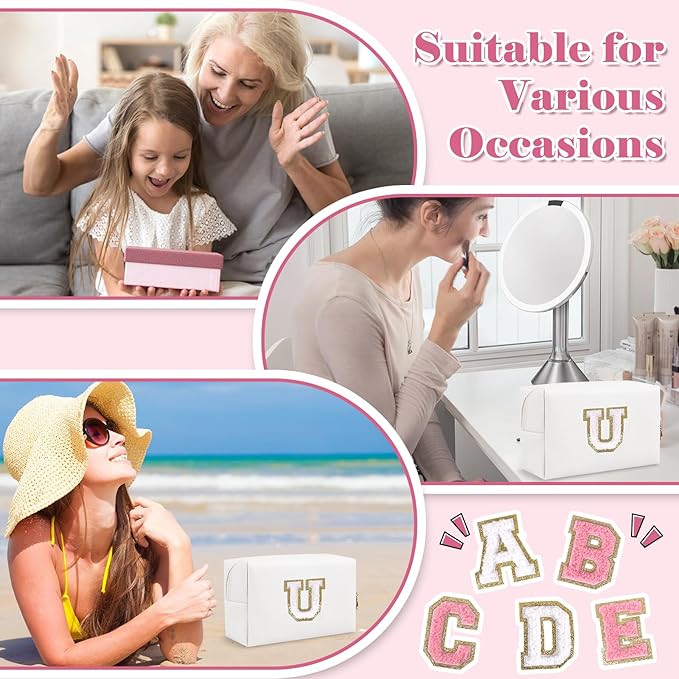 Small Personalized Initial A-Z Preppy Patch Makeup Bag,White PU Chenille Letter Travel Cosmetic Pouch with Zipper,Cute Toiletry Bag,Gift Ideal for Teen Girls Women Teacher Bridesmaid,Letter U