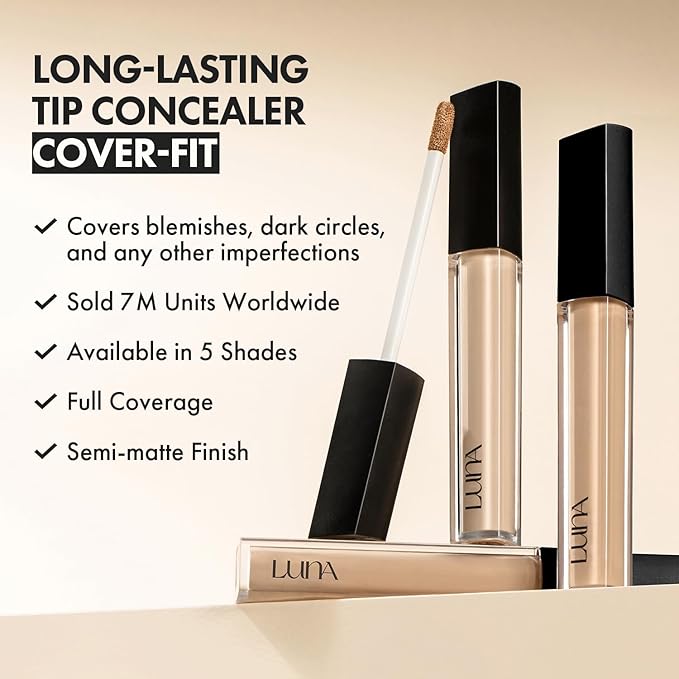 LUNA Long-Lasting Tip Concealer Cover-Fit (#0.7 Ivory) Full Coverage, for Under Eye Dark Circles, Fine Lines, Redness & Discoloration, Korean Makeup 0.26 Fl Oz, Mother's day gift