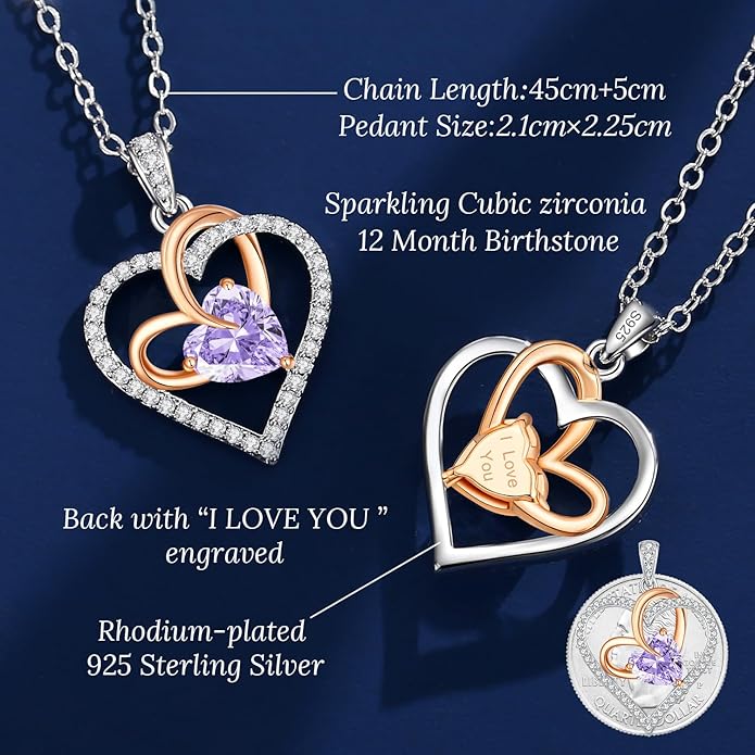 OOBEE Birthstone Necklaces for Women, 925 Sterling Silver Gemstone Fine Love Heart Moissanite Necklace, Ideal Birthday Anniversary Mothers Day Jewelry Gifts for Wife Mom Girlfriend Her