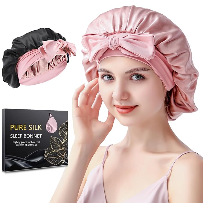 Silk Bonnet for Sleeping Women, 22 Momme 100% Mulberry Silk Sleep Cap, Double-Layer Reversible Silk Hair Wrap for Women & Night Hair Care, Fits All Hair Types – Pink