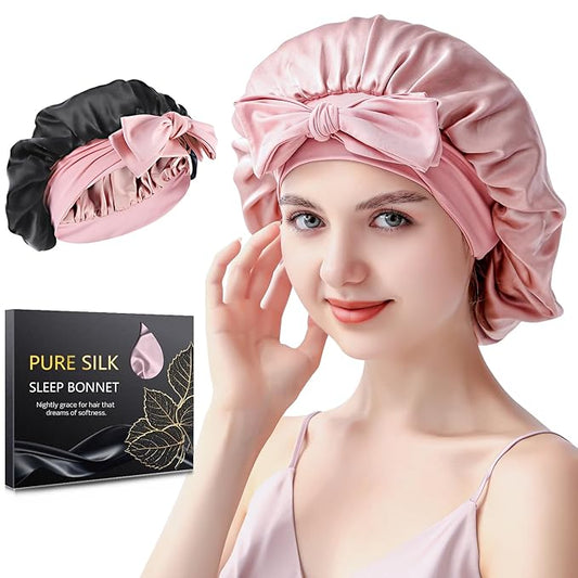 Silk Bonnet for Sleeping Women, 22 Momme 100% Mulberry Silk Sleep Cap, Double-Layer Reversible Silk Hair Wrap for Women & Night Hair Care, Fits All Hair Types – Pink