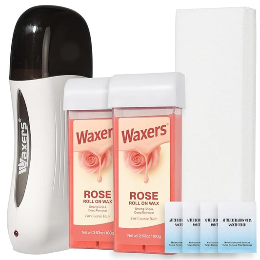 Waxers Roll on Wax Kit Professional Soft Wax Roller Depilatory for Coarse & Thick Hair Removal Waxing Roller Cartridge for Women Men at Home Rose
