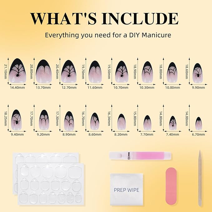 Halloween Press on Nails - Glossy Black French Tip Press on Nail, Short Almond Fake Nails Reusable Nails Press ons for Women, 32 Pieces in 16 Sizes False Nails Kit with Glue, Dark Veil