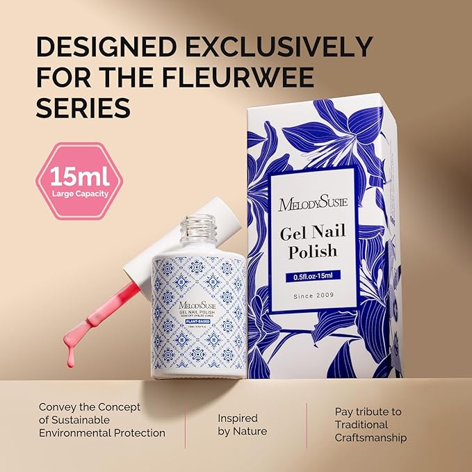 MelodySusie Fleurwee Plant Based Gel Nail Polish, Nail Polish Hema Free 21 Non Toxic Long Lasting No Chip Finger Toe Nail Art Manicure Salon DIY at Home Gifts for Women Peach Blossom Pink P54