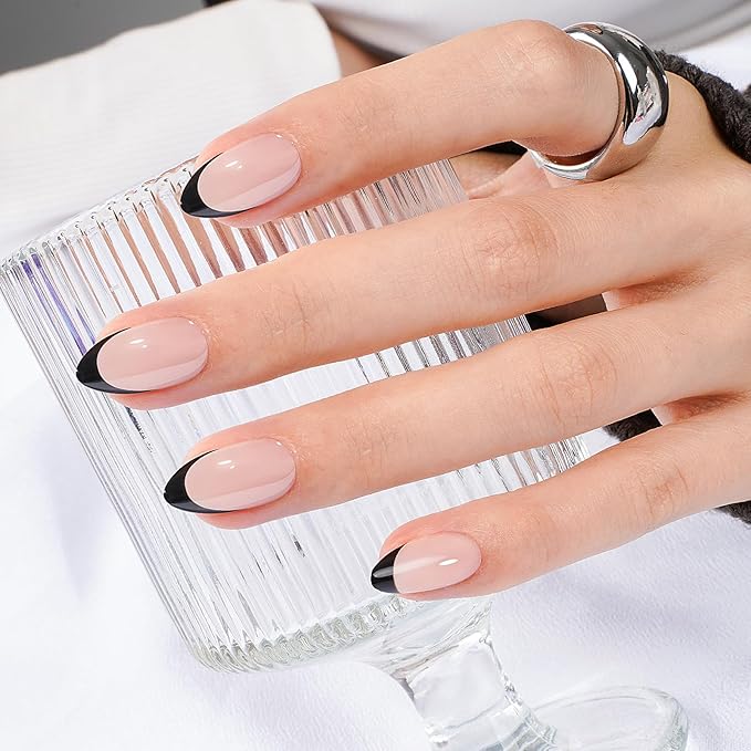 Canvalite Black French Tip Press On Nails, 30Pcs Short Press on Nails Almond Reusable Acrylic Fake Nails with Glue & Glue Remover Easy to Use Manicure Kit for Women