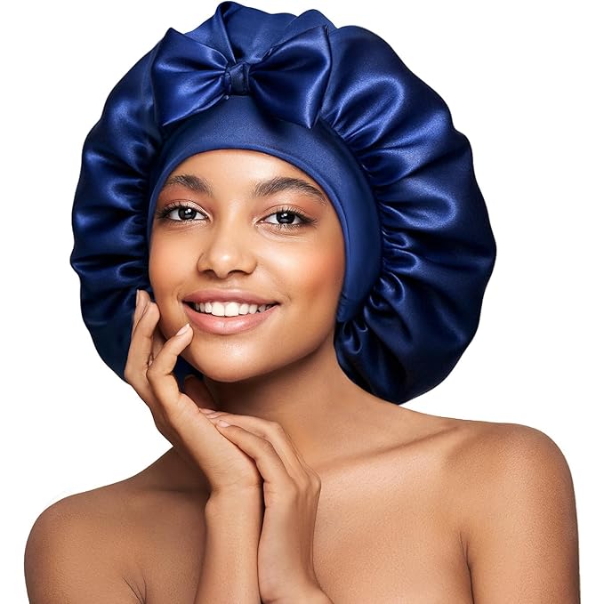 Double-Sided 22 Momme 100% Real Mulberry Silk Bonnet for Sleeping Women, Large Hair Care Bonnet for Long Curly Hair, Double Layer Silk Wrap with Soft Elastic Band, Non-Slip Sleep Cap, Navy Blue