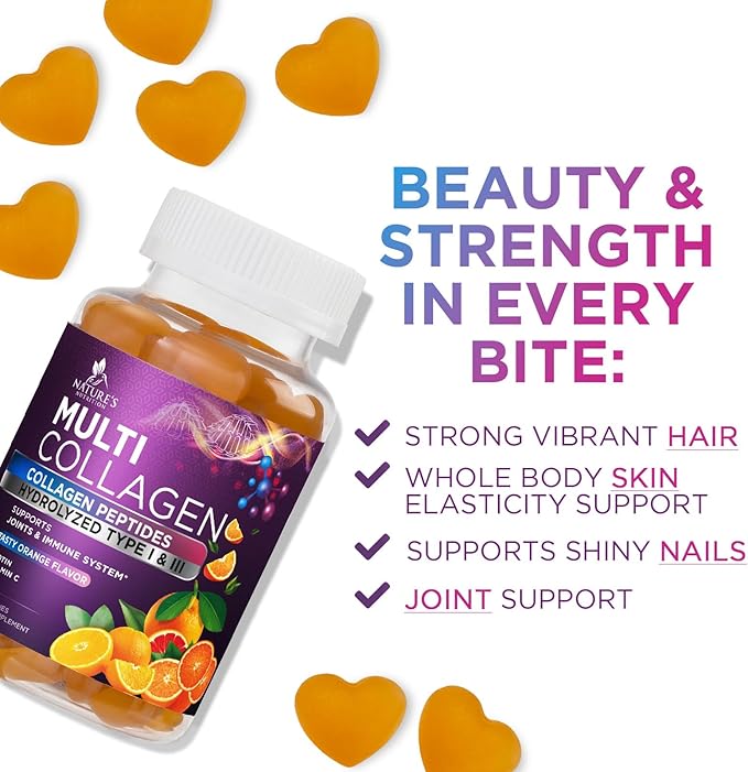 Collagen Gummies with 2500 mcg Biotin - Hydrolyzed Peptides Protein Type I & III Multi Collagen Supplement with Vitamin C & Zinc - Support for Hair, Skin, Nails, Tasty Orange Flavor - 60 Gummies