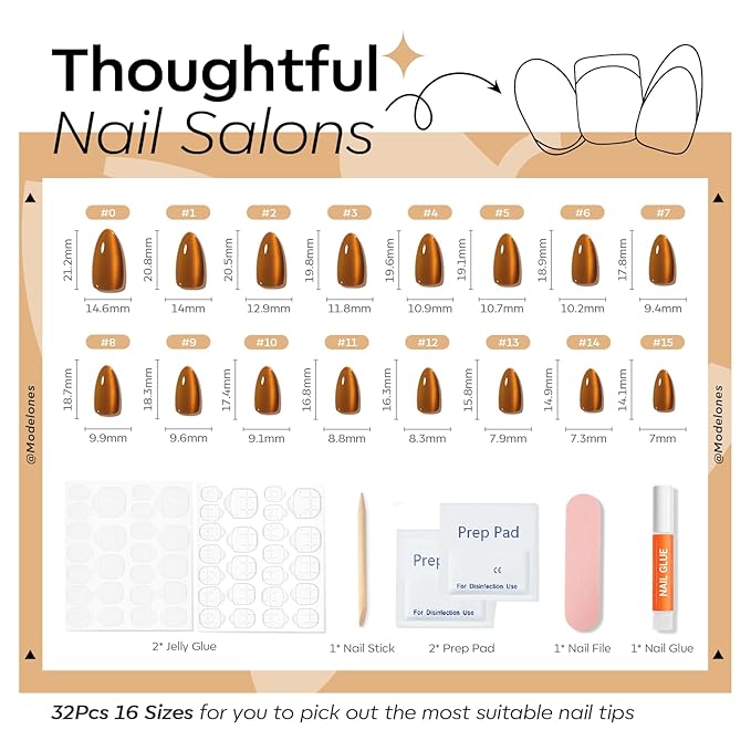Modelones Gold Cat Eye Press on Nails Almond, Short Fake Nails, Reusable Nail Kit with Nail Glue Adhesive Tabs Mini Nail File, Nails Press Ons 32Pcs 16 Sizes, Women Girl Gift