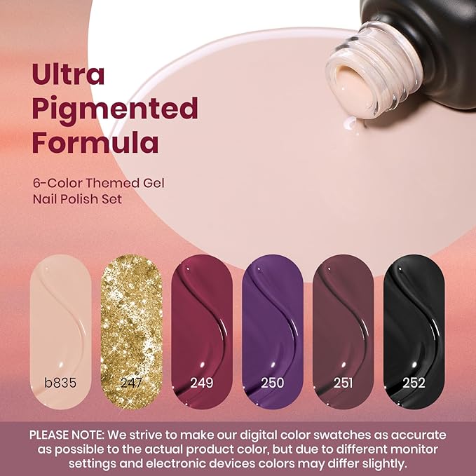 Beetles Gel Nail Polish Set – 6PCS Winter Burgundy Purple Glitter Nude Plum Gold Gel Nail Polish Kit Soak Off UV LED Terra Dusk Colors DIY Home Salon Valentines Gift for Women