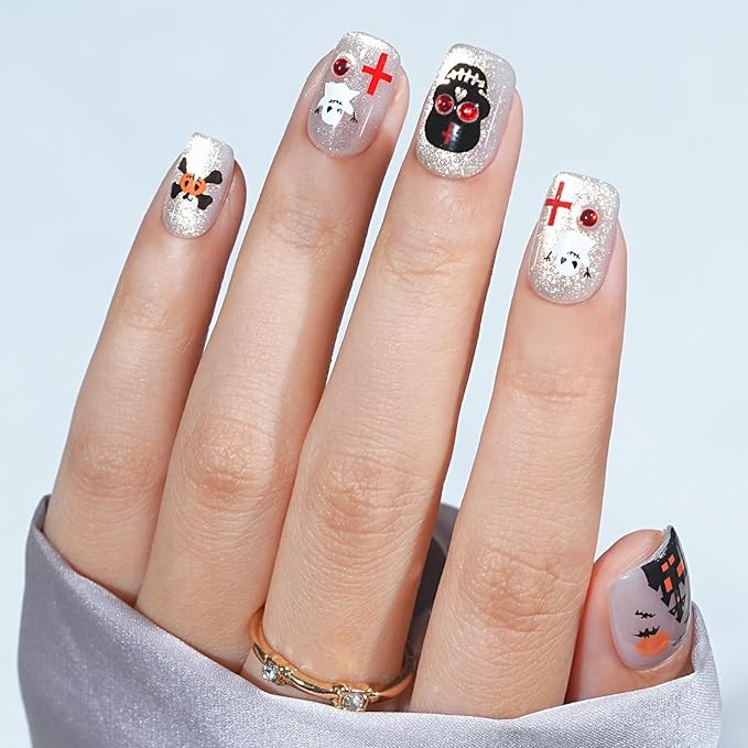 Press On Nails Halloween - Dark Coven, Halloween Press On Nails Short Cat Eye, Acrylic Square Glue On Nails with Nail Glue, Fit Perfectly & Natural Stick On Nails in 16 Sizes - 32 PCS Soft Gel Kit