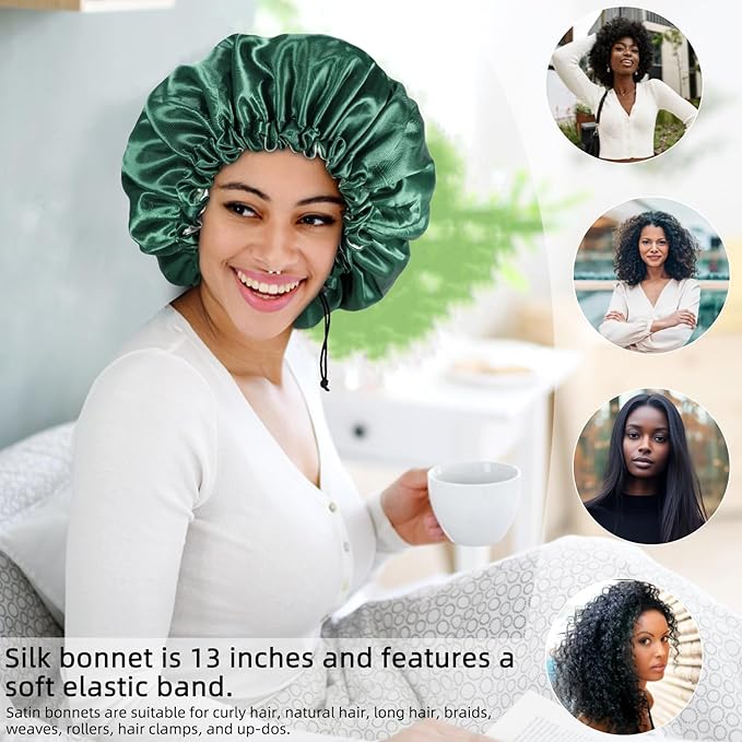 Edoneery Silk Bonnet for Sleeping Women, Ajustable Double Layer Satin Bonnet for Curly Hair(Green)