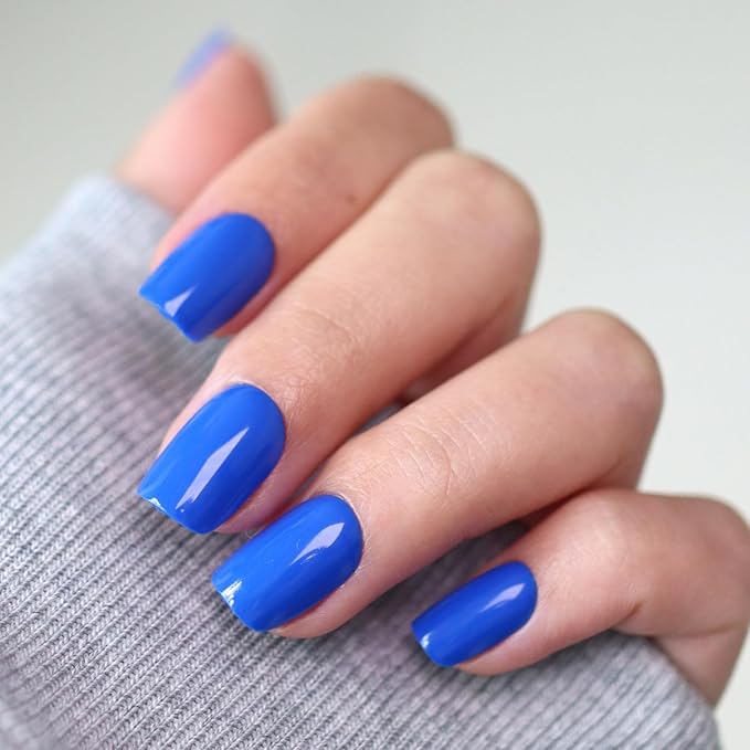 LAMIMOSA 32Pcs Blue Press On Nails Short Square - Soft Gel Fake Nails in 16 Sizes, Reusable Glue on Nails Kit, MAJORELLE BLUE