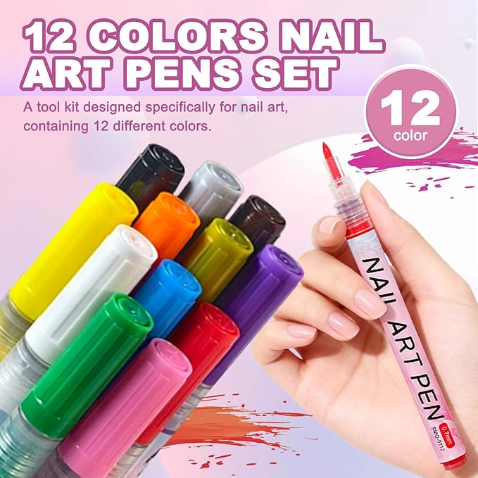 MKNZOME Nail Art Pens Set, 12 Color 0.7 MM Nail Art Markers Nail Polish Pens Drawing Painting Point Liner Painted Kit, Waterproof and Quick-drying Nail for DIY Design Manicure Tools
