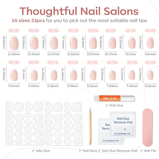 modelones French Tip Press On Nails, Short Oval Fake Nails Press Ons with Nail Glue, Adhesive Tabs, Nail File, Prep Pad, Manicure Stick, 32Pcs 16 Sizes, Nude, Valentines
