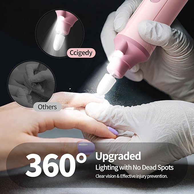 Ccigedy Professional Manicure Pedicure Electric Nail File for Thick Nails Hand Feet Care,Cordless Toenail Grinder 15 Speed,Nail Drill with LCD Screen,Ideal Valentine's Day Gift for Women/Men-Pink
