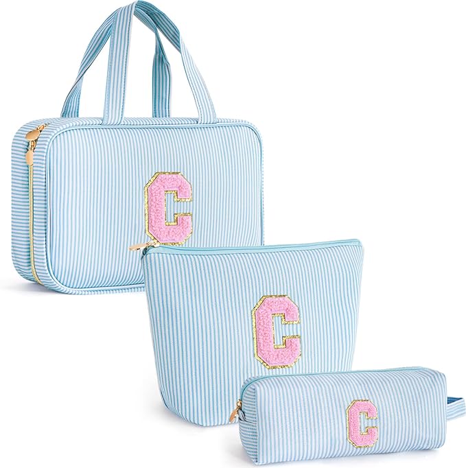 Preppy Toiletry Bag Makeup Bag for Women Her - Personalized Cute Makeup Pouch for Girlfriend Bridesmaid Wife Mom | Travel Toiletry Cosmetic Bag for Friend | Birthday Gift Idea - Blue C