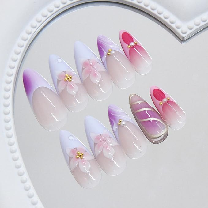 JONKASIPA 24 Pcs Press On Nails, Pink Acrylic Fake Nails French 3D Flower Pearls Decorative Nail Art for Women
