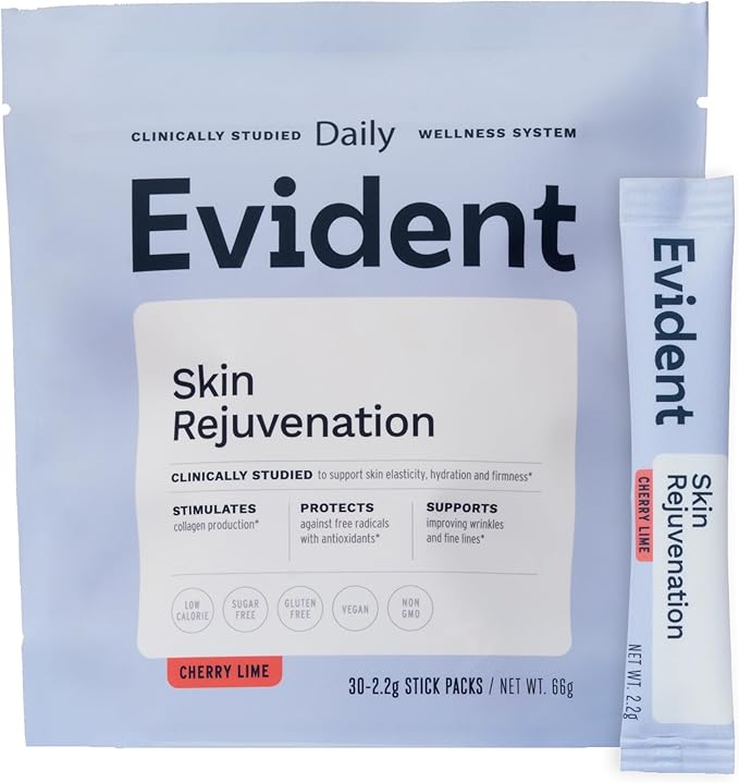 EVIDENT WELLNESS Skin Rejuvenation Powder – Collagen Supplement w/Resveratrol, Sodium Hyaluronate, CollaBZEn, Vitamins C & E – Supports Elasticity, Hydration, Firmness – 30 Stick Packs, Cherry Lime