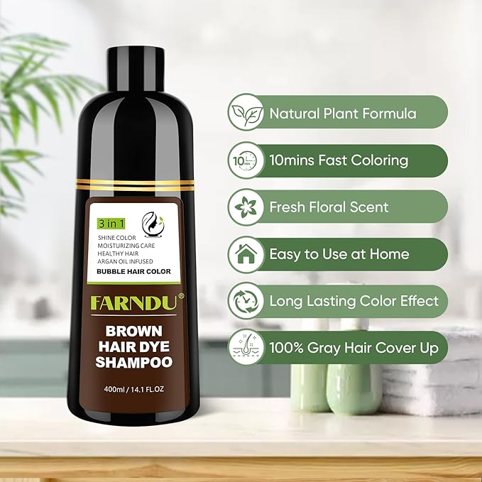 Farndu Brown Hair Dye Shampoo for Women Men, Gray Hair Coverage, Natural Herbal Ingredients