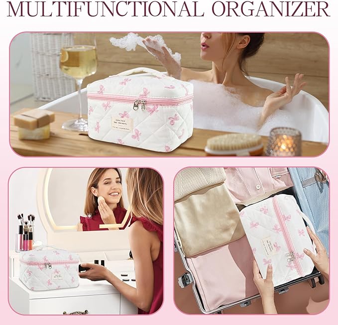 Bow Makeup Bag Organizer, Travel Makeup Bags for Women, Quilted Cosmetic Bag for Women, Large Travel Toiletry Bag, Cute Makeup Bags for Teen Girls, Cute Toiletry Bag Organizer