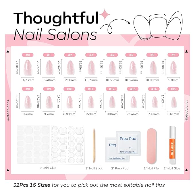 Modelones Pink Valentine Press on Nails Almond, Polka Dot Short Fake Nails, Reusable Nail Kit with Nail Glue Adhesive Tabs Mini Nail File, Nails Press Ons 32Pcs 16size, Women Girl Gift ﻿