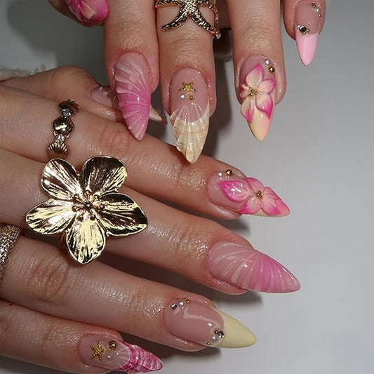 JONKASIPA 24 Pcs Medium Pressed Gel Nails Oval French Artificial Nails Pink Hawaiian Floral Acrylic Nails Full Coverage Women's Manicure Set With Gold Pearls