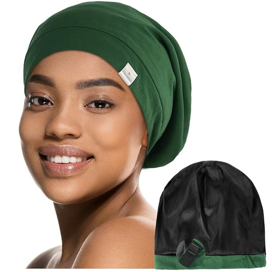 YANIBEST Silk Satin Bonnet Hair Cover Sleep Cap -Pine Green Adjustable Stay on Silk Lined Slouchy Beanie Hat for Night Sleeping
