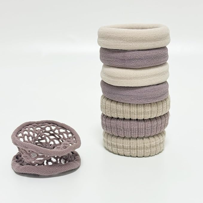 Jseng 8Packs Seamless Hair Ties for Women - Soft No Damage Elastic Hair Accessories for Thick Curly Hair - Beige & Dusty Lavender