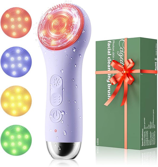 Face Scrubber Facial Cleansing Brush - Waterproof and Rechargeable Face Cleansing Brush with 4 LED Gentle Light, Cleansing, Exfoliating and Massaging, Electric Face Scrub Brush for Men & Women