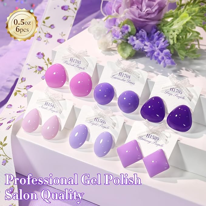 Double Rhythm 6 Pcs Hema Free Gel Polish Set 0.50 OZ Same Color Same Bottle Soak Off Neutral Natural Milky Gel Polish Kit Nail Art Salon DIY at Home (Lilac Violet Pink Purple-H6-6)