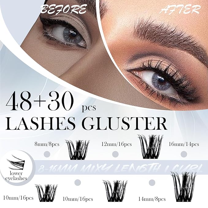 Luxury Lash Clusters Kit - Wispy & Fluffy Cluster Eyelash Extensions 8-16mm, 150H Wear | Korean Hypoallergenic PBT Fibers, Waterproof Glue & Seal | Gift Ready Premium Box (Volume-Sliver box)