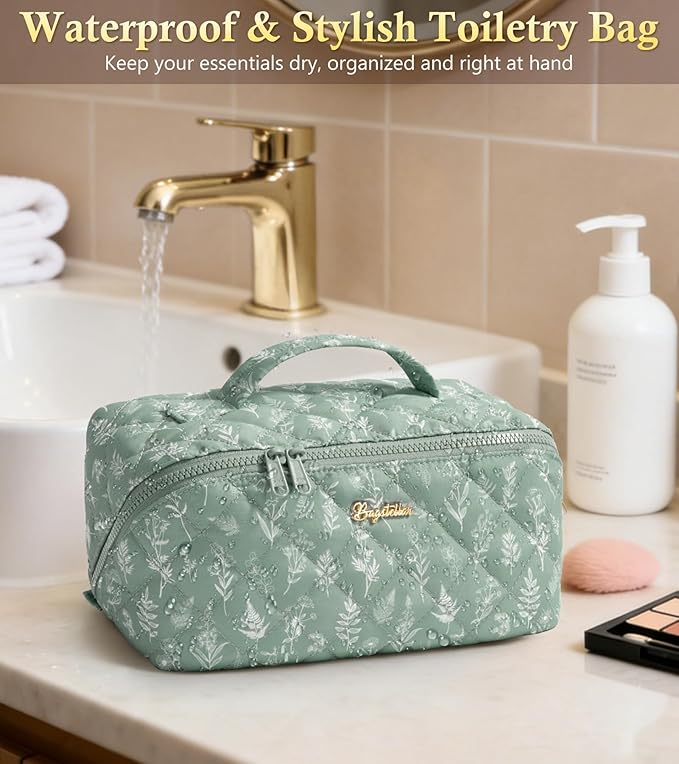 Travel Makeup Bag, 3 Pcs Large Capacity Puffy Toiletry Bag for Women, Open Flat Make up Cosmetic Organizer w/Handle & Clear Divider Water-resistant Portable Pouch Travel Essentials, L-Green Floral