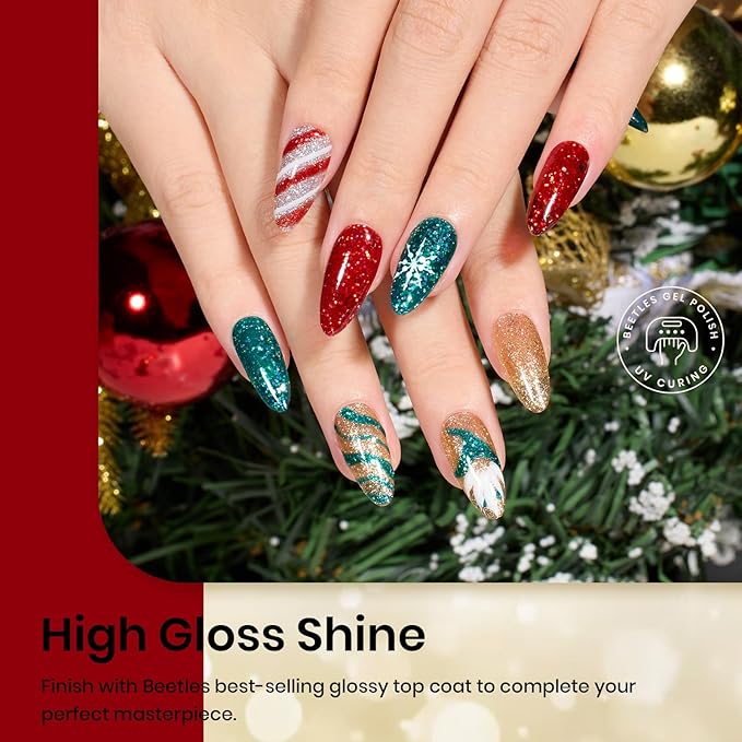 Beetles Gel Nail Polish Set - Valentines Holly Berries 6 Colors Gel Nail Kit with Sparkle Glitter Red Green Gold Silver Shades Holiday Nail Art Gift for Women Soak Off UV LED Nail Gel