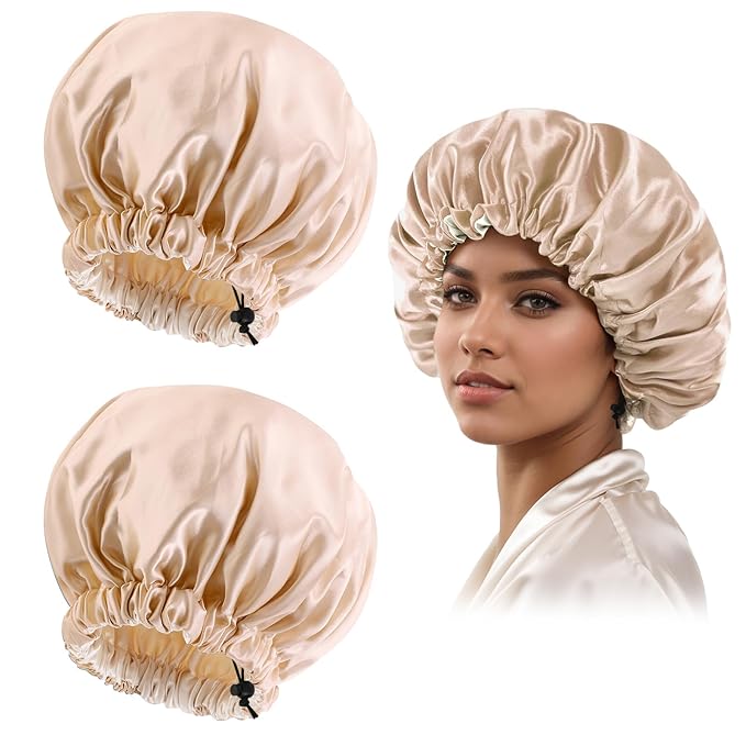 Satin Silk Bonnet for Curly Hair Bonnet Braid Bonnet for Sleeping Bonnets for Women Large Double-Layer Adjustable(2Pcs Champagne)