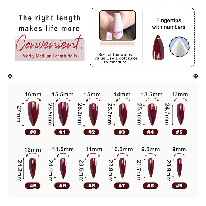 morily 24Pcs Wine Red Press on Nails Medium Length Stiletto False Nails Long Fake nails Glossy Acrylic Stick on Nails Solid Color Almond Full Cover Artificial Nails for Women (Wine Red)