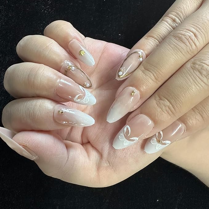 JONKASIPA White Flower Embossed Nail Stickers - Medium Almond Shape Fake Nails Glossy Glue Nail Stickers 3D Gold Line Acrylic Nails French Fingertip Adhesive Fake Nails, DIY Set 24 Pcs